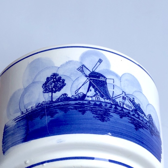 Vintage Windmill Sailboat Ceramic Bowl Planter Container Blue White 5 1/4” - Picture 4 of 15
